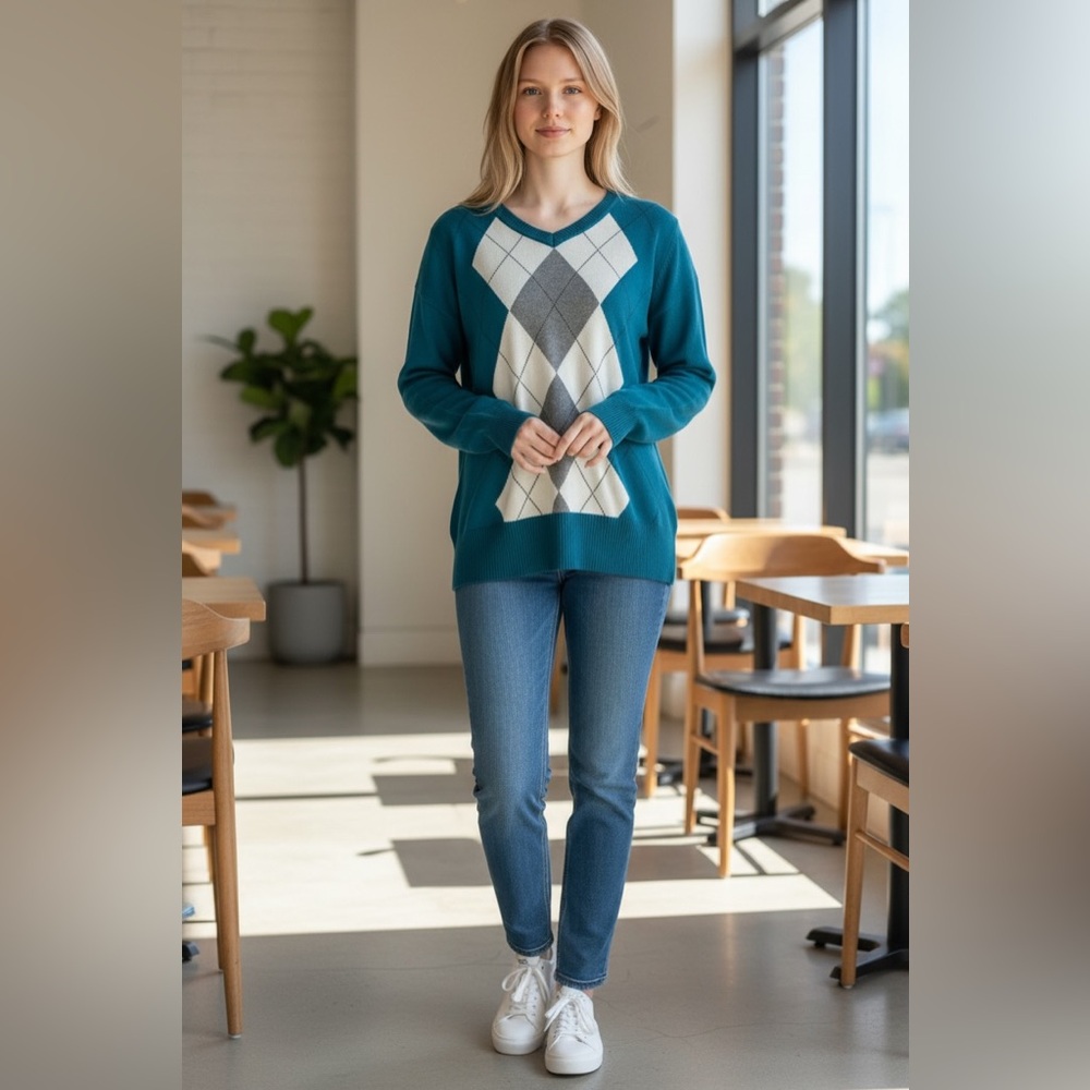 St. John's Bay Teal and Gray Argyle Sweater